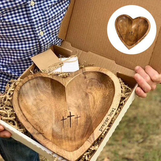 🪵 Houten Hartvormige Gebedschaal met 24 Bidkaarten – Handgemaakt, Vintage & Handgegraveerd | Religieuze Decoratie voor Thuis en Kerk | Perfect Cadeau voor Pasen & Moederdag 🕊️💖