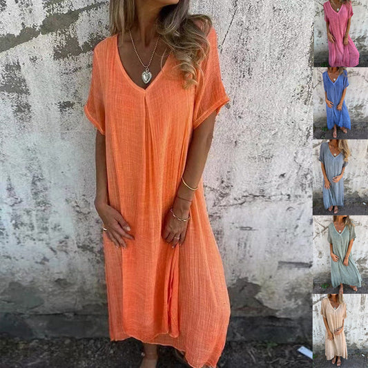 💕Vrouwen Loose V-hals Katoenen Linnen Jurk