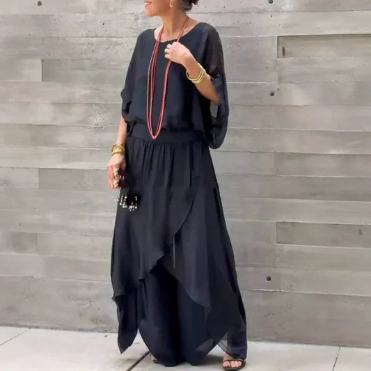 👗 Chiffon Tweedelige Set – Losse Top & Wijde Broek met Split | Verkrijgbaar van S tot 4XL Licht, elegant & veelzijdig – in meerdere kleuren! 🌸✨