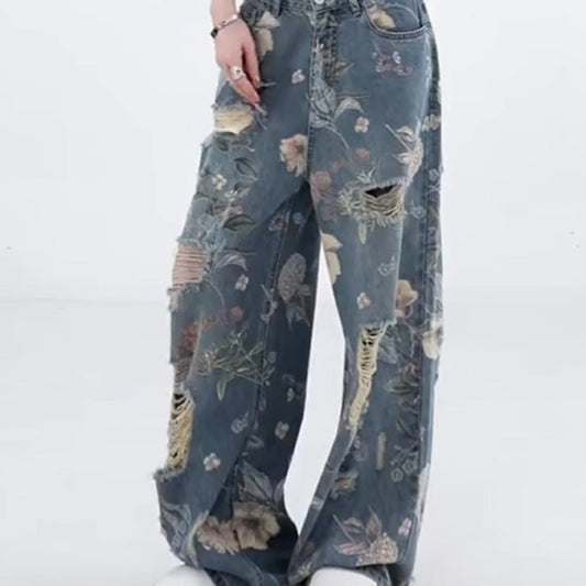Women's Loose Ripped Wide-Leg Denim Jeans！Free Shipping！！