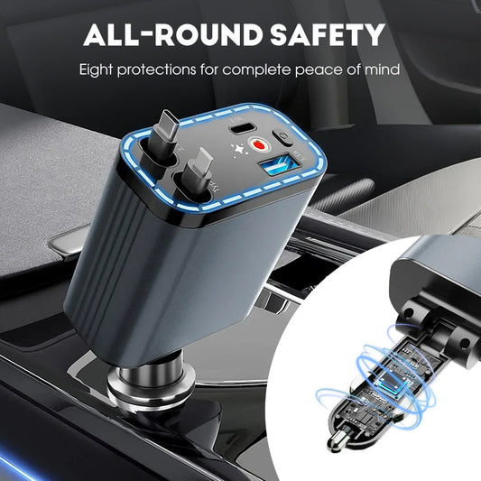 ⚡ KOOP 2 EN KRIJG 1 GRATIS! ✨ Ultrasnelle 4-in-1 Autolader 90W – Met Intrekbare Kabels & Sfeervol Sterrenlicht 🚗🌌