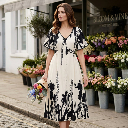 👗 Zachte Midi Jurk met Botanische Print & V-Hals – Licht, Elegant & Makkelijk te Dragen | Nu 58% KORTING | Maten S t/m 5XL! 🌸✨